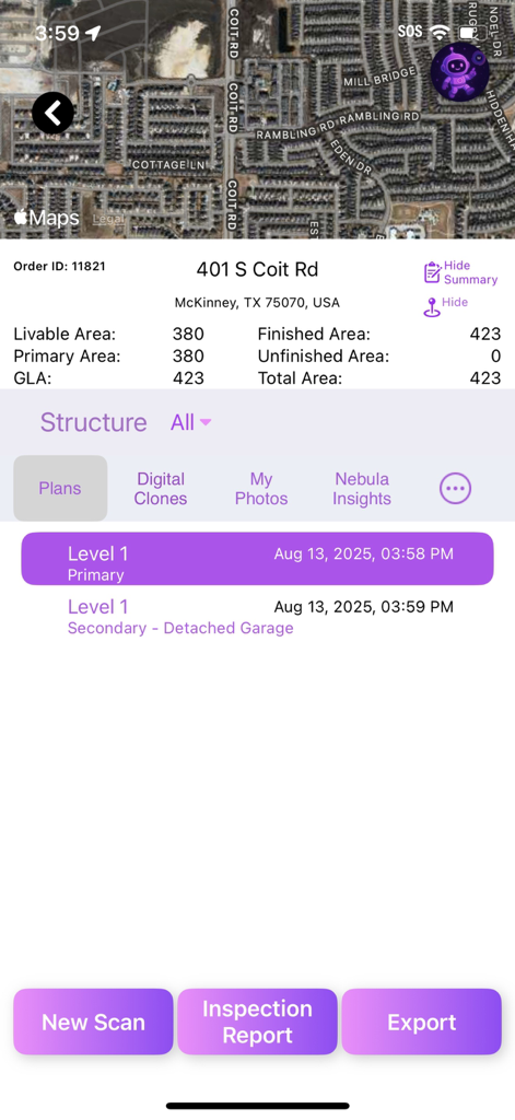 InstaPlan® - InstaPlan app interface displaying property location map and square footage data for a real estate inspection