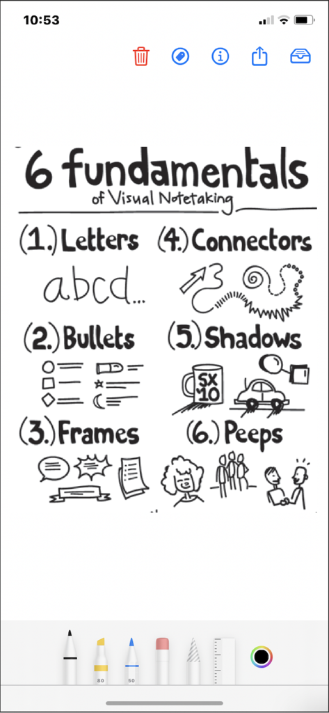 Penned: Private Notes - Handwritten guide on the six fundamentals of visual notetaking including letters bullets and sketches in the Penned app interface