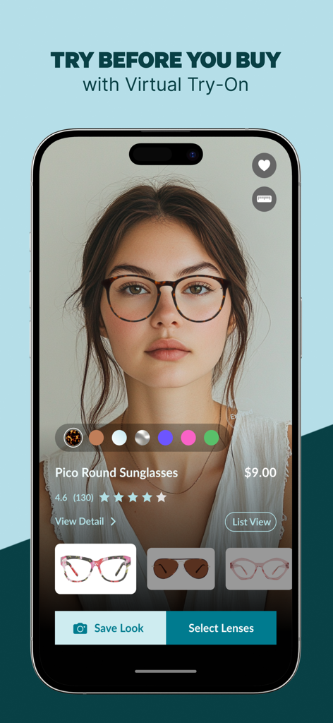 Zenni | Try On & Buy Glasses - Pantalla de smartphone que muestra la función de prueba virtual de la aplicación Zenni con una mujer previsualizando monturas de gafas.