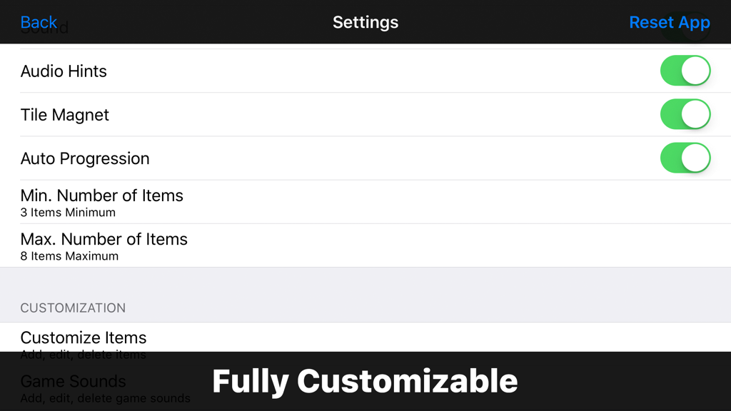 Montessori Matching Board - Screenshot of the settings menu in the Montessori Matching Board app showing various customization options for parents