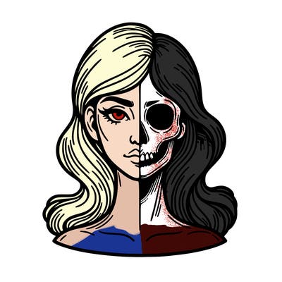 bust of a woman, half face and hair, half skull