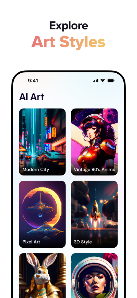 Interface of the Fancy AI app showing various art styles like Modern City, Vintage 90s Anime, Pixel Art, and 3D Style.
