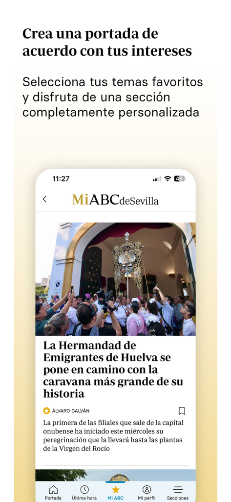 Diario ABC de Sevilla - Uno smartphone che mostra la funzione di feed di notizie personalizzato nell'app mobile Diario ABC de Sevilla