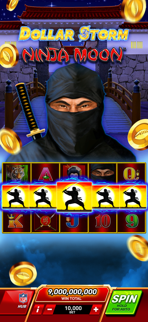 NFL Super Bowl Slots Casino - Ninja Moon slot machine interface in NFL Super Bowl Slots Casino showing a huge win total