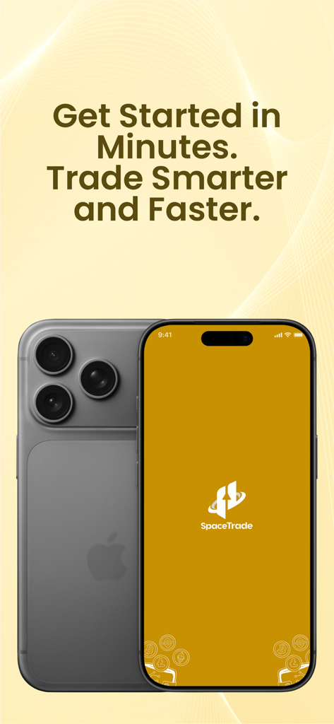 Pantalla de inicio de la aplicación móvil SpaceTrade en un iPhone promocionando el intercambio rápido de tarjetas de regalo y activos digitales