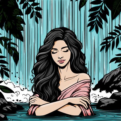 realistic female model under waterfall