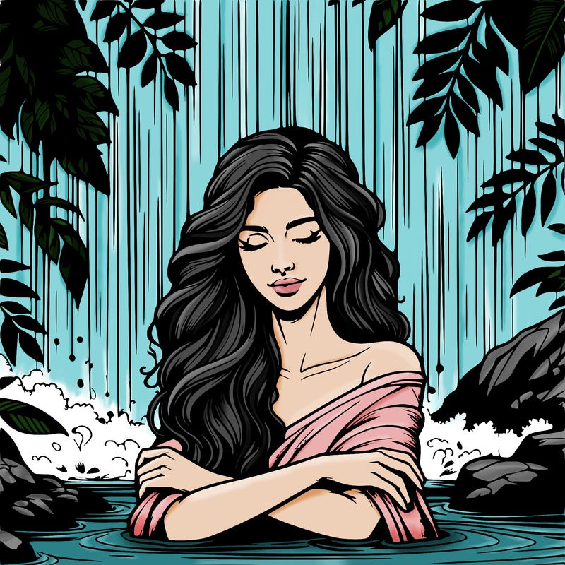 realistic female model under waterfall