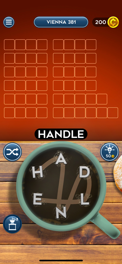 Word Mocha! - Word Mocha gameplay screen showing a crossword puzzle being solved by connecting letters inside a coffee cup.