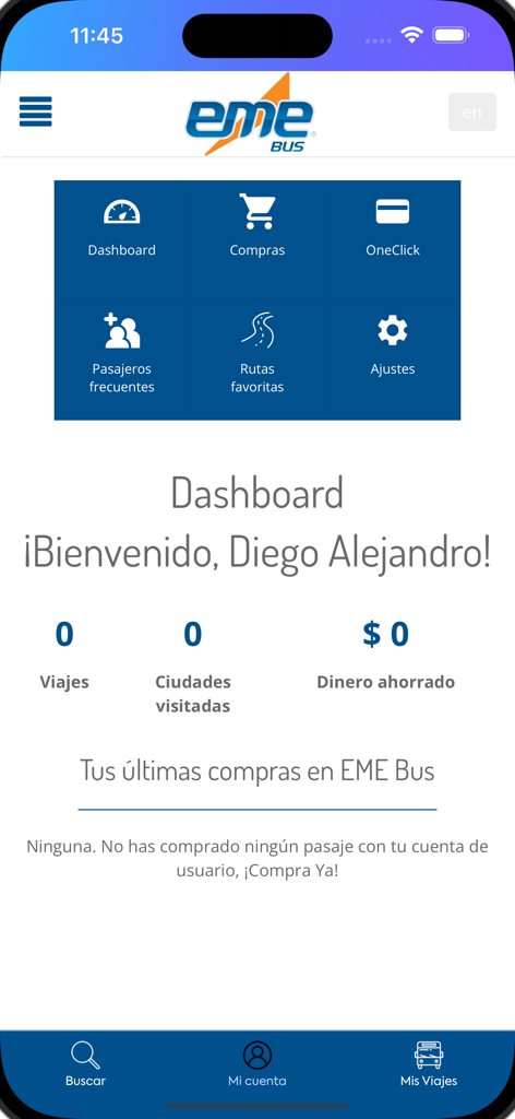 EME Bus - Pantalla del panel de usuario de la aplicación móvil EME Bus que muestra estadísticas de la cuenta y opciones de viaje