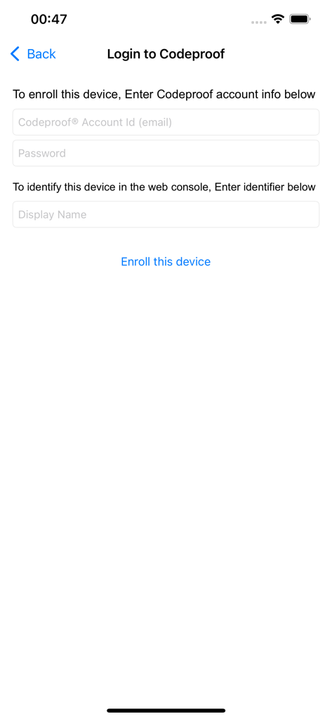 Cyber Device Manager® - The device enrollment login screen of the Cyber Device Manager MDM application