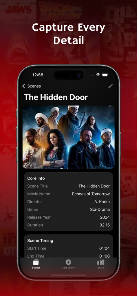 ArabiaVD Scene - Screenshot of ArabiaVD Scene app showing detailed information for a movie scene including title director genre and release year