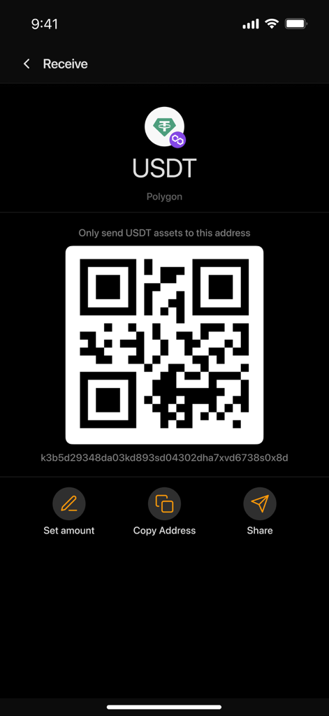 Unich Wallet - Recibe USDT en la red Polygon usando un código QR y una dirección de billetera en Unich Wallet