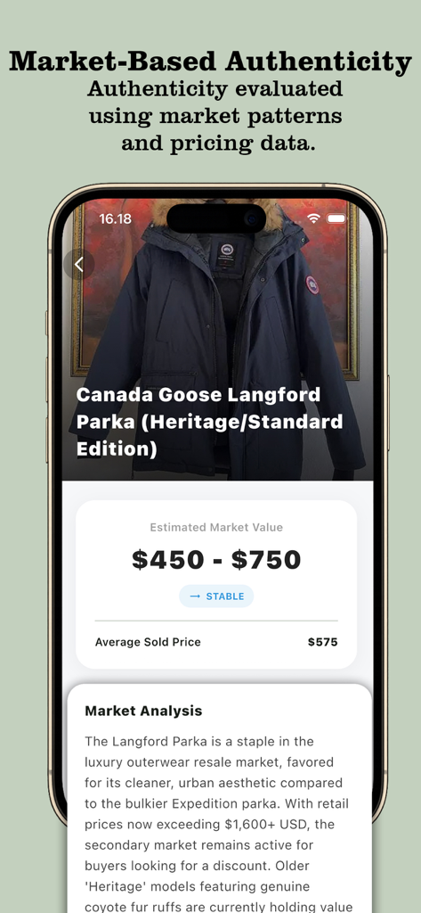 Legit Check AI - Mobile App-Bildschirm von Legit Check AI, der den geschätzten Marktwert und die Wiederverkaufsanalyse für einen Canada Goose Parka anzeigt.
