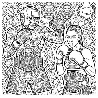 Celebrate strength and victory with this intricate adult coloring page featuring two dynamic boxing champions. Dive into a world of detailed patterns and inspiring athletic prowess.