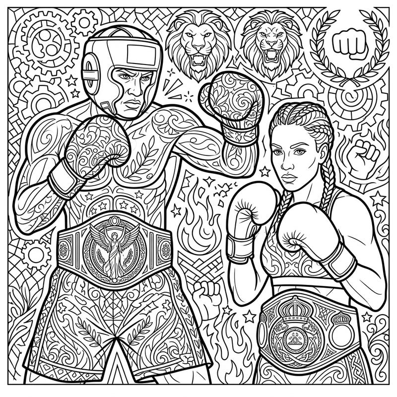 Celebrate strength and victory with this intricate adult coloring page featuring two dynamic boxing champions. Dive into a world of detailed patterns and inspiring athletic prowess.