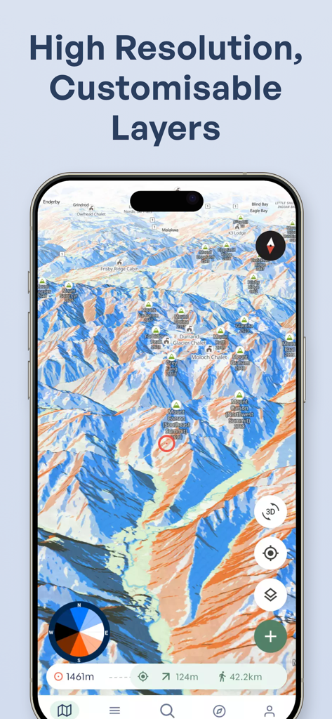 Outmap 3D mountain map with high resolution slope angle layers for backcountry skiing
