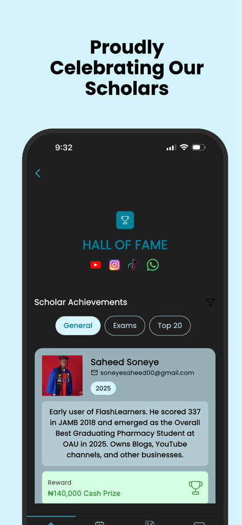 FlashLearners: Study & CBT - FlashLearners app Hall of Fame screen showing scholar achievements and cash prize rewards