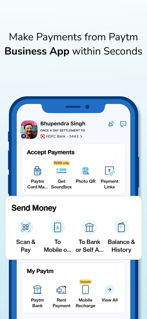 Paytm for Business app interface displaying options for accepting and sending money