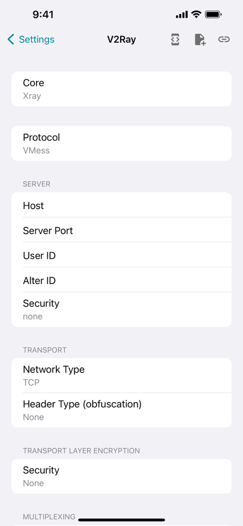 Pantalla de configuración técnica para el protocolo V2Ray dentro de la aplicación HTTP Injector