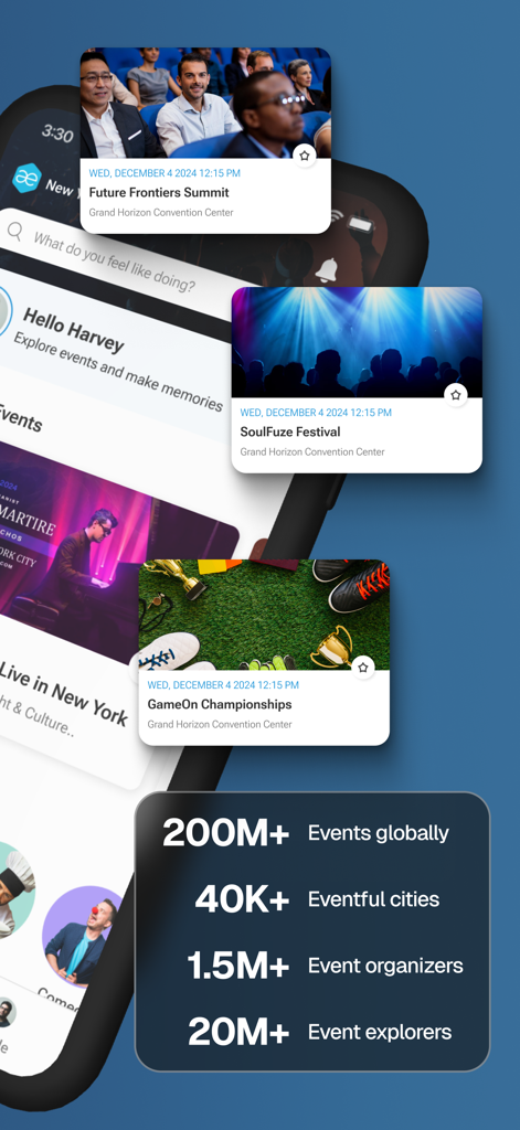 Mobile app interface of AllEvents showing curated event cards for festivals and summits with global reach statistics