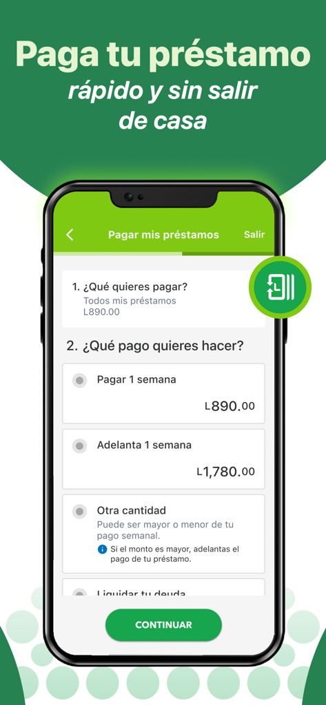 Banco Azteca Honduras - Interfaz de la aplicación móvil de Banco Azteca Honduras que muestra opciones de pago de préstamos, incluyendo cuotas semanales y liquidación de deuda.
