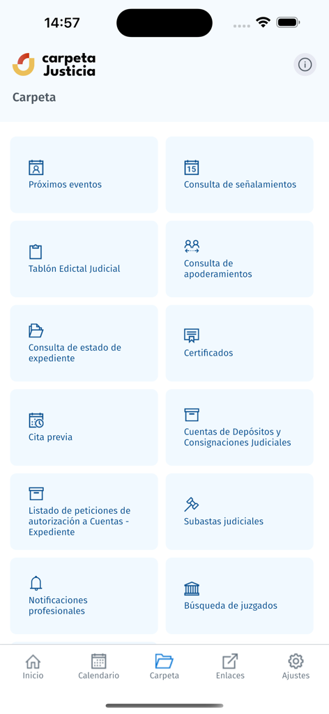 Carpeta Justicia - Dashboard of the Carpeta Justicia app showing various judicial services and case status icons.