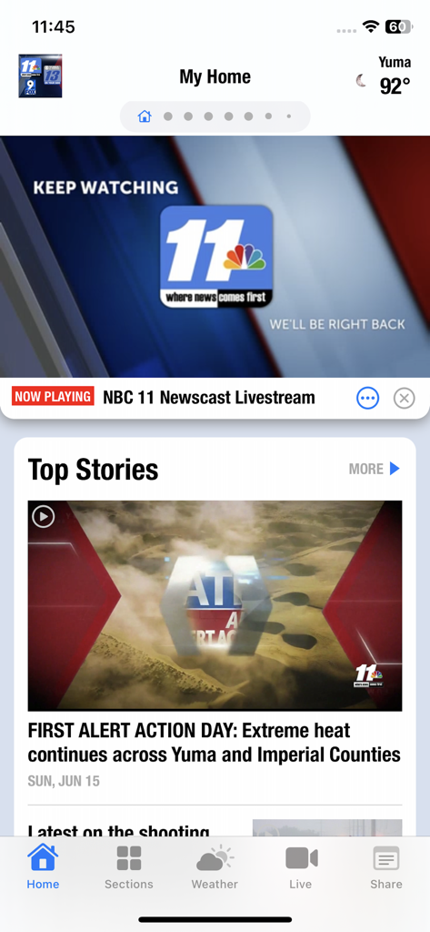 KYMA Yuma, El Centro News - The home screen of the KYMA local news app featuring top stories about extreme heat and a live news stream option for Yuma and El Centro.