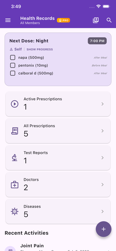 A family medical records dashboard showing next medication doses and prescription counts