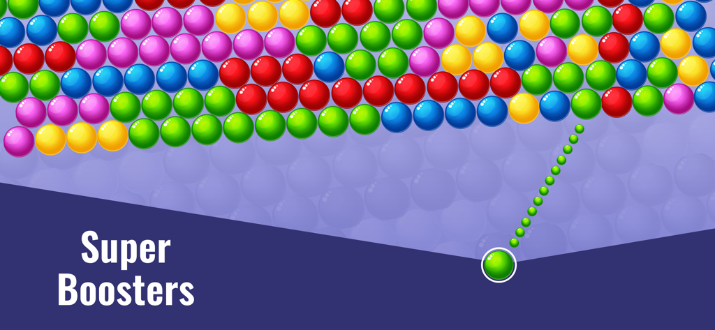 Bubble Shooter: Pop Bubble - Ein Bubble-Shooter-Spielbildschirm mit bunten Blasen und einer überlagerten Textanzeige 'Super-Booster'