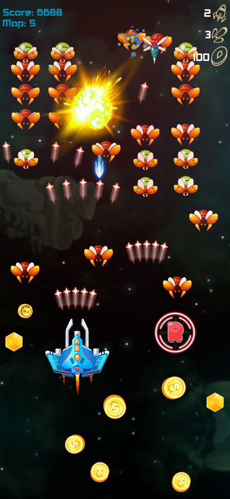 Galaxy Attack Alien Shooter II - Blue spaceship battling insect-like alien enemies in space with arcade style graphics