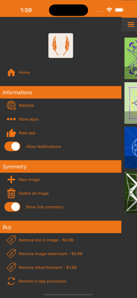 Side navigation menu of the Fx Symmetry app showing creative tools and shop options