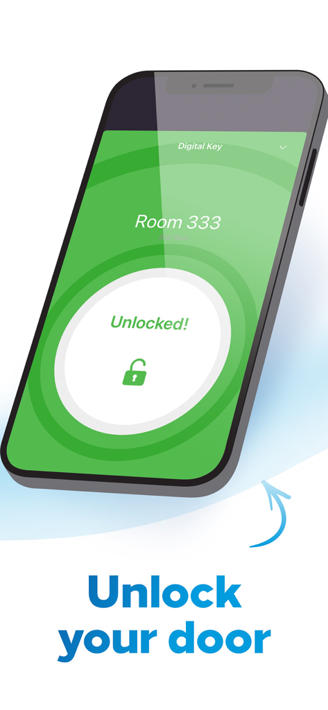 Tela do aplicativo Hilton Honors mostrando o recurso de chave digital para abrir a porta de um quarto de hotel
