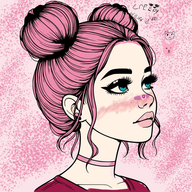 realistic girl with buns on the top of her head