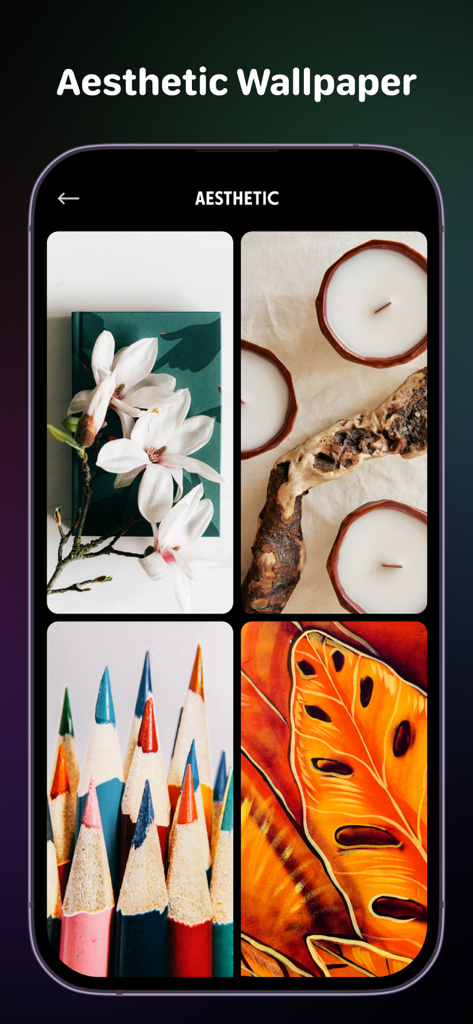 Eine Galerie mit ästhetischen Hintergrundbildern, die Magnolienblüten, Kerzen, Buntstifte und ein Blattmuster auf einem iPhone zeigen.