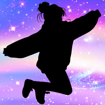 realistic girl jumping with a bun and oversized sweatshirt