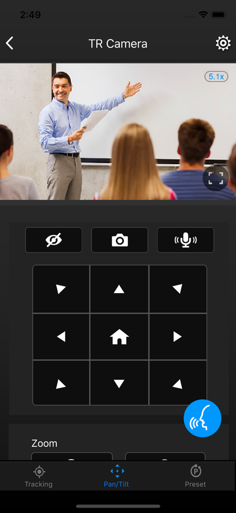 Interfaccia dell'app PTZ Control Panel che mostra i controlli di panoramica e inclinazione della telecamera