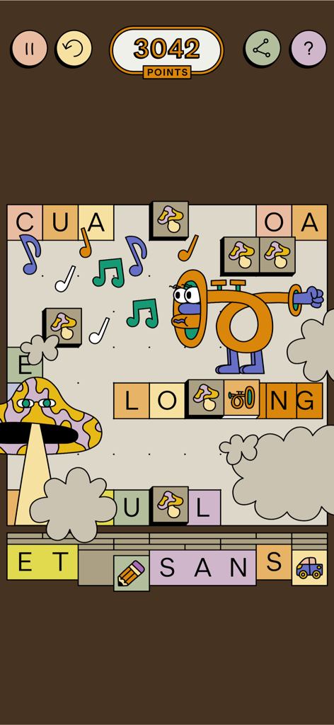 GUBBINS — It's a word game - Gameplay screenshot of Gubbins word game featuring minimalist typography and kooky cartoon characters.