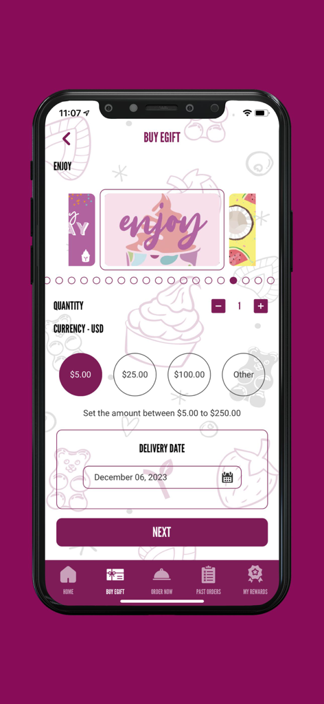 Yogurtland - Yogurtland mobile app screen for purchasing digital gift cards with custom amounts