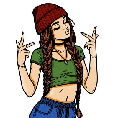 realistic teenage girl with braids and a beanie and crop top doing 🫶🏼
