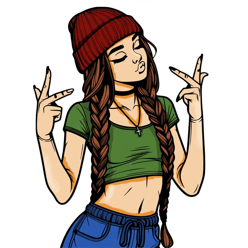realistic teenage girl with braids and a beanie and crop top doing 🫶🏼