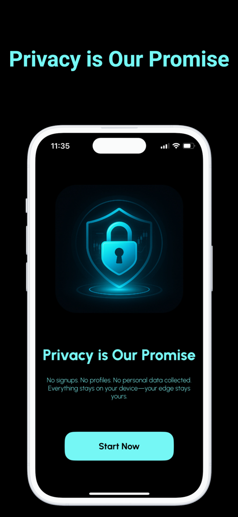 Écran de garantie de confidentialité de l'application Chart AI Pro présentant une icône de cadenas lumineux et un message indiquant qu'aucune inscription ni collecte de données personnelles n'est requise.