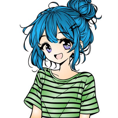 anime girl teenager striped shirt and smile and messy bun