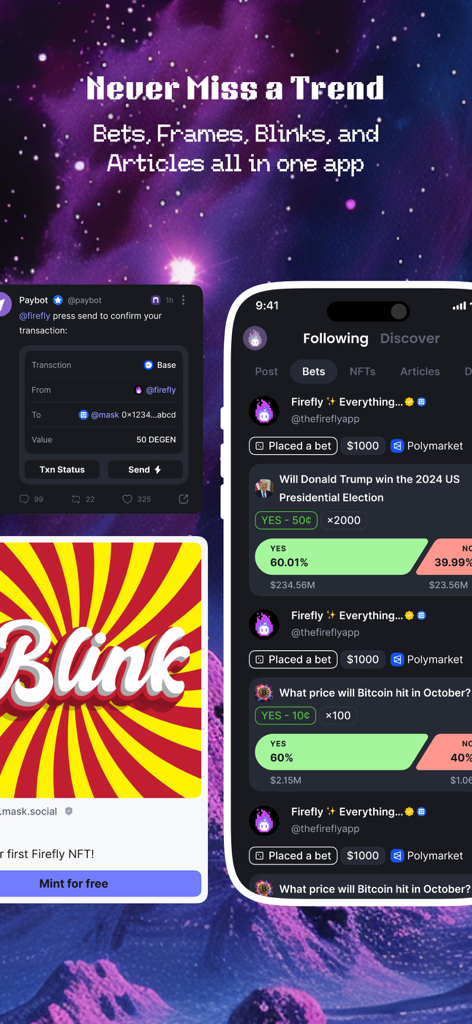 Interface of Firefly app showing a feed with prediction market bets and Web3 social interactions