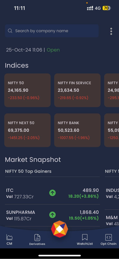 Painel do aplicativo NSEIndia exibindo índices Nifty em tempo real e os principais ganhadores de ações
