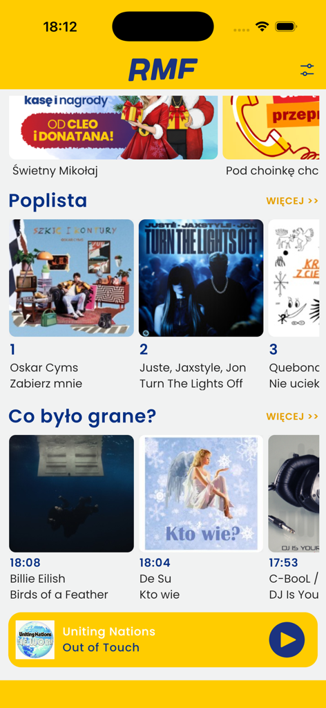 RMF FM - Interface of the RMF FM radio app featuring music charts and the latest played songs