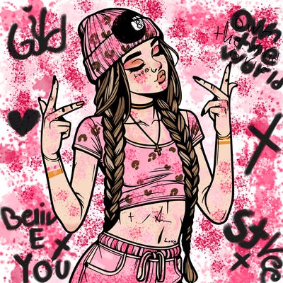 realistic teenage girl with braids and a beanie and crop top doing 🫶🏼