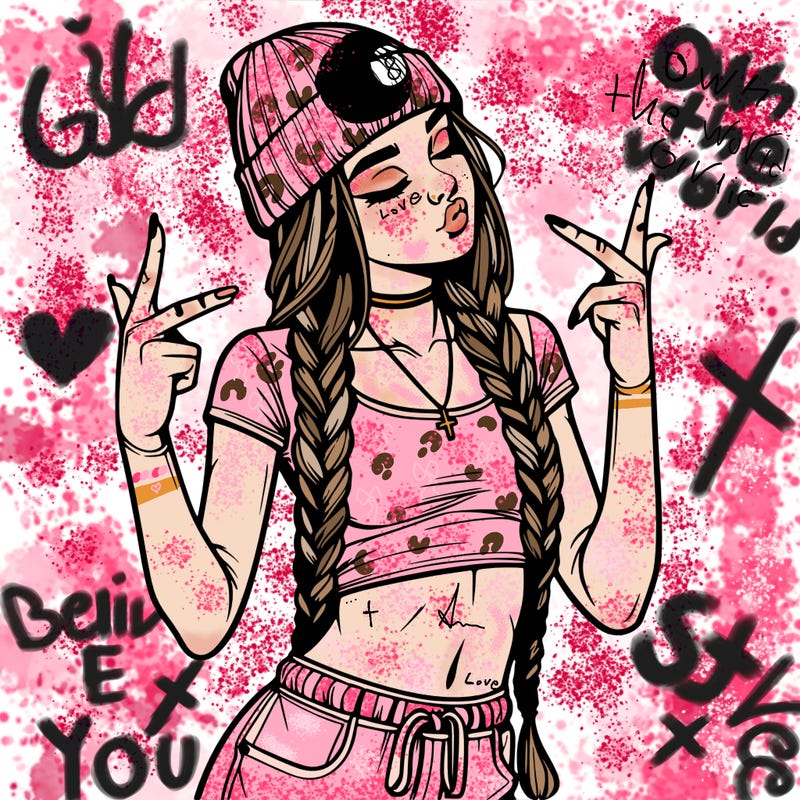 realistic teenage girl with braids and a beanie and crop top doing 🫶🏼