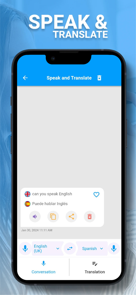 Speak and Translate Languages - Pantalla de traducción de voz de inglés a español en la aplicación Speak and Translate que muestra una conversación entre dos hablantes