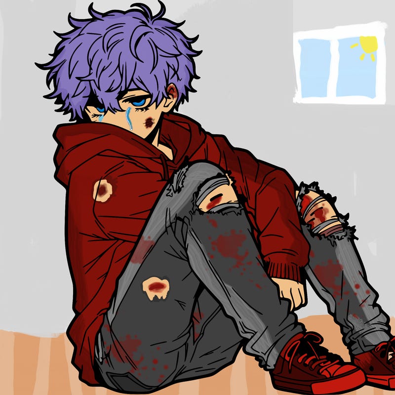 a male hoddie ripped jeans messy hair anime