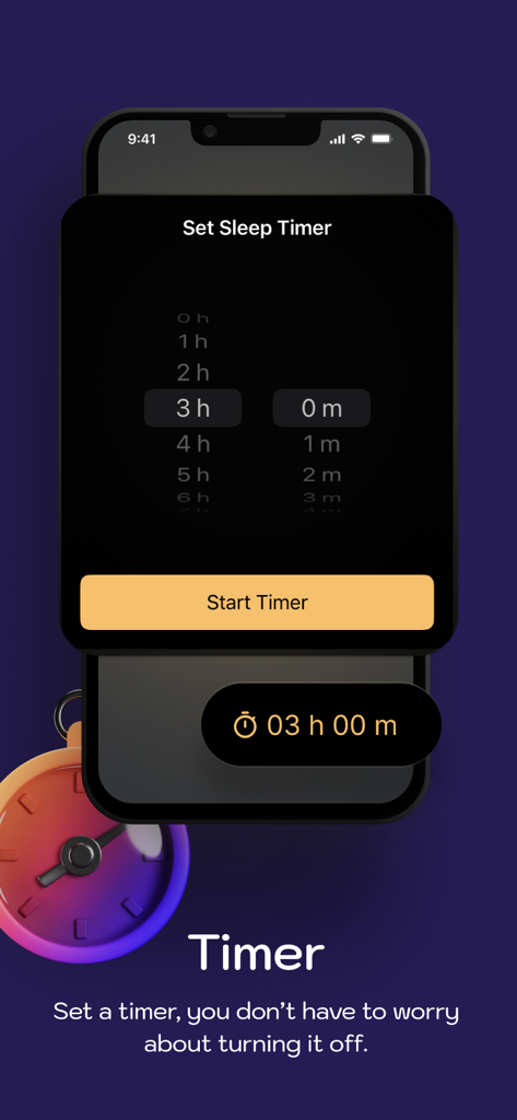 Nighty Lighty: Dim Flashlight - Screenshot of Nighty Lighty app sleep timer interface with adjustable hour and minute settings